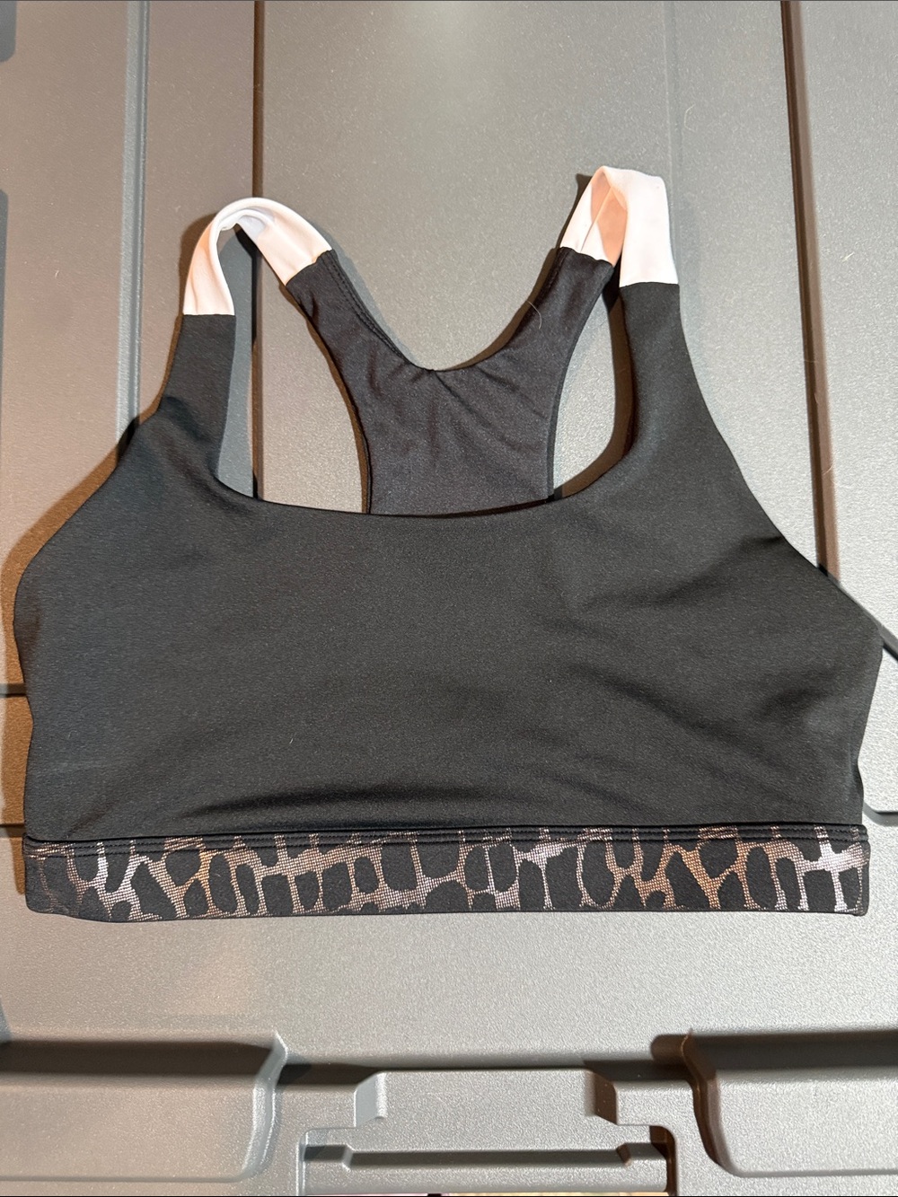 Zyia Black Leopard-Trim Racerback Sports Bra with Contrast Straps